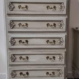 French Louis 15th style Vintage six drawer chest with panelled sides, carving and original paint.  Sourced from France and in good original condition.
