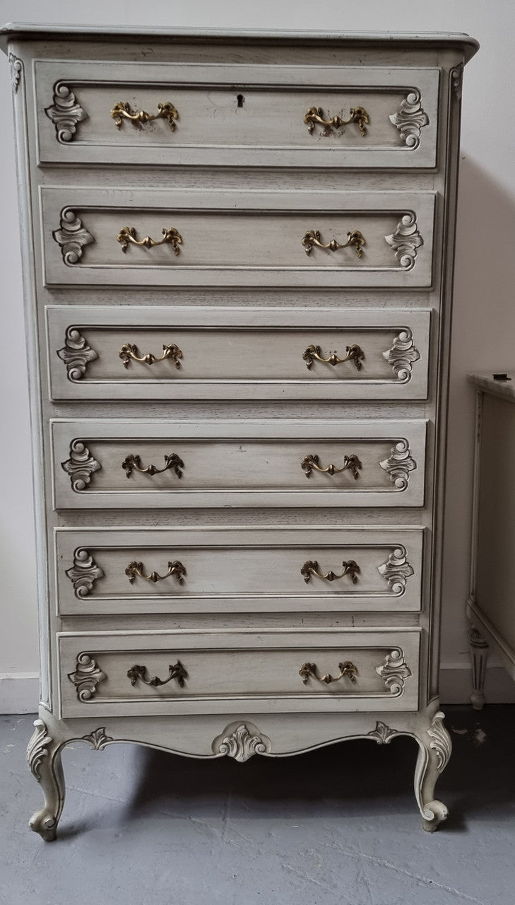 French Louis 15th style Vintage six drawer chest with panelled sides, carving and original paint.  Sourced from France and in good original condition.