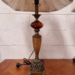 Beautiful pair of metal and glass lamp bases with new gold shades. They are in good original working condition and have been sourced locally.