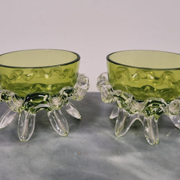 Lovely pair of Victorian green glass open salt bowls with clear frilled edging. In good original condition.