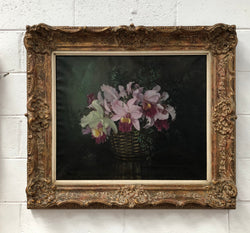 Signed French Oil On Canvas Painting Of Orchids In Basket In Gilt Frame | Antique & Vintage | Moonee Ponds Antiques | Australia Wide Delivery