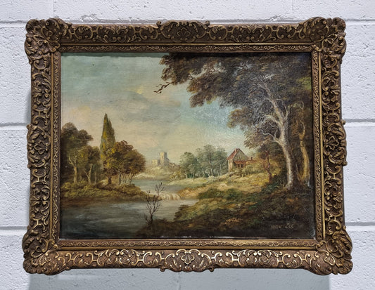 Beautiful antique french signed oil on canvas painting, depicting Castle Landscape.  In good realigned original condition.