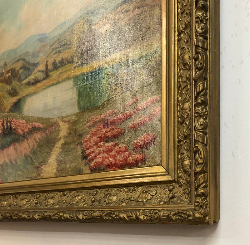 Beautiful French country scene oil on canvas in a lovely decorative frame in good original condition..