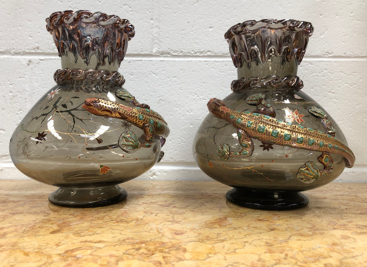 Pair Of Large Moser Enameled Vases With Lizards