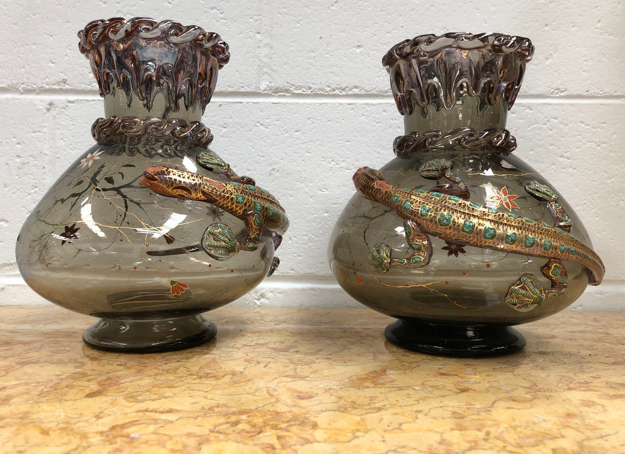 Pair Of Large Moser Enameled Vases With Lizards | Antique & Vintage | Moonee Ponds Antiques | Australia Wide Delivery