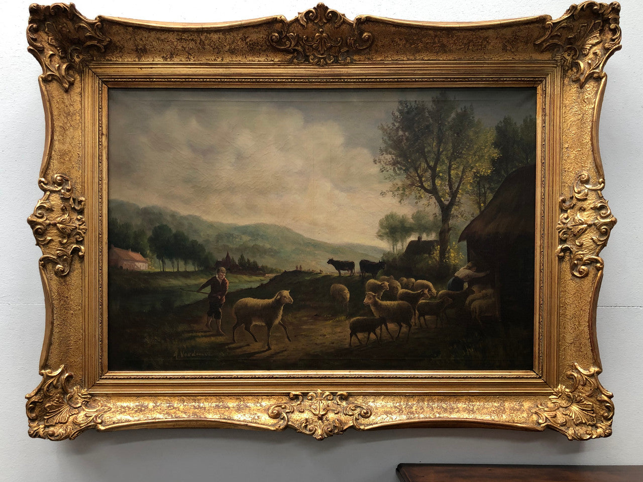 Antique Signed & Framed Oil On Canvas of "Country Scene"