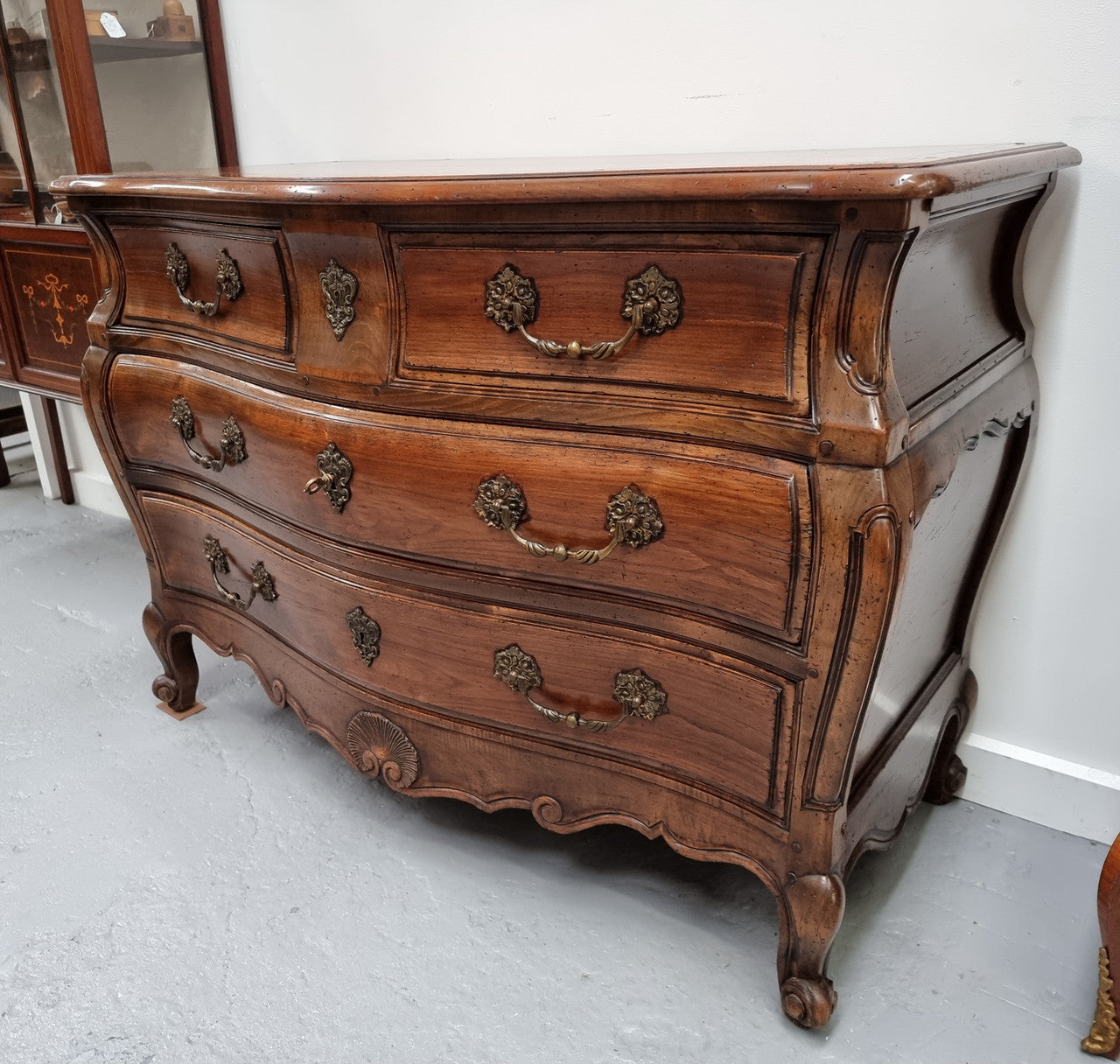 Rare Wooden Top Walnut Louis XV Style Three Drawer Bombe Commode | Antique & Vintage | Moonee Ponds Antiques | Australia Wide Delivery