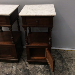 French Oak White Marble Top Bedside Cabinets