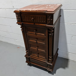 French Walnut Henry 2nd style three drawer one cupboard single side cabinet with rouge marble top. Circa: 1890. In Good original detailed condition.