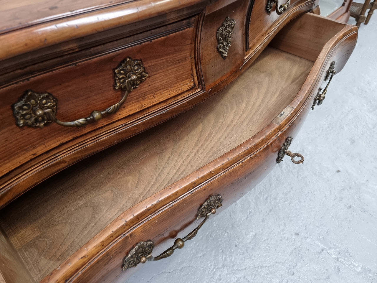 Rare Wooden Top Walnut Louis XV Style Three Drawer Bombe Commode | Antique & Vintage | Moonee Ponds Antiques | Australia Wide Delivery