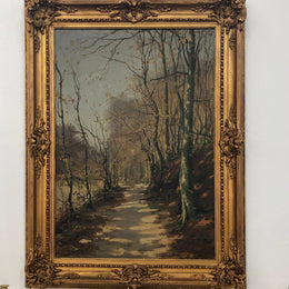 Beautiful Antique French oil on canvas of a path of trees, in a fabulous ornate frame and in good condition.