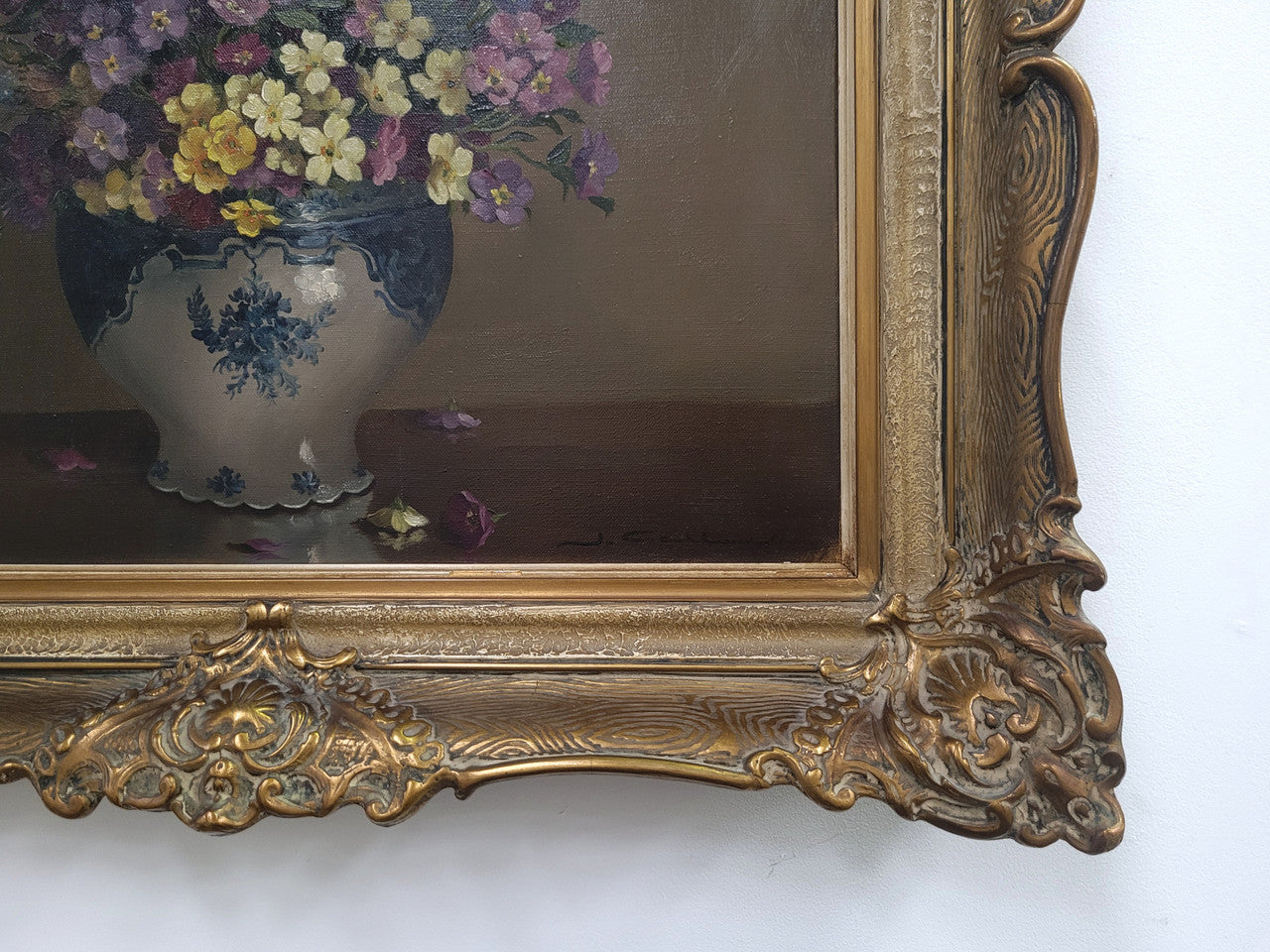 Attractive Signed Oil on Canvas Depicting Flowers in a Blue and White Jardinière | Antique & Vintage | Moonee Ponds Antiques | Australia Wide Delivery