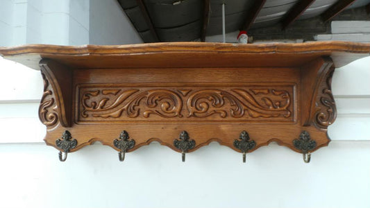 French Oak Coat/Hat Rack With Five Decorative Hooks