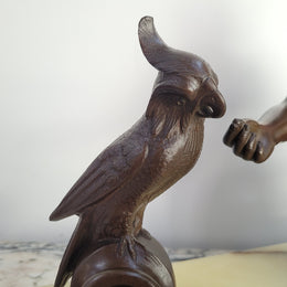 Art Deco bronze statue with brown patina of a lady and parrot on marble base. Signed by Italian Sculptor A Trefolini, an highly regarded sculptor, in very good condition.