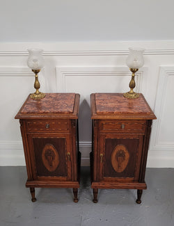 Pair of French Art Deco Oak & Rouge Inset Marble Top Bedside Cabinets | Antique & Vintage | Moonee Ponds Antiques | Australia Wide Delivery