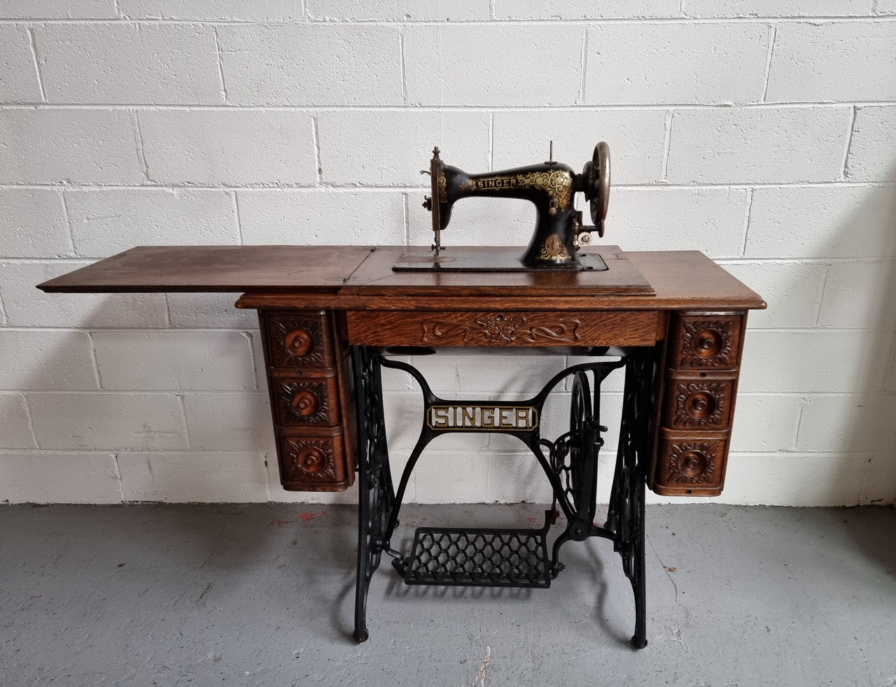 Oak Singer Treadle Sewing Machine on Cast Iron Base | Antique & Vintage | Moonee Ponds Antiques | Australia Wide Delivery