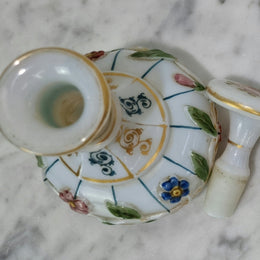 19th century French hand painted and gilded opaline glass scent/perfume bottle. It has marks to the base. In good original condition please view photos as they help form part of the description.
