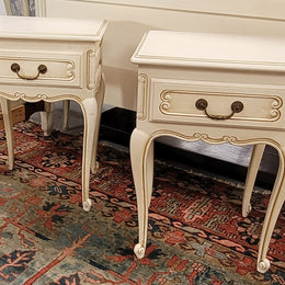 Pair French Vintage Louis XV style soft Ivory single drawer bedside tables. They have been sourced from France and are in good original condition.