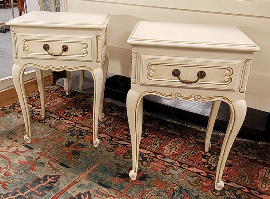 Pair French Vintage Louis XV style soft Ivory single drawer bedside tables. They have been sourced from France and are in good original condition.