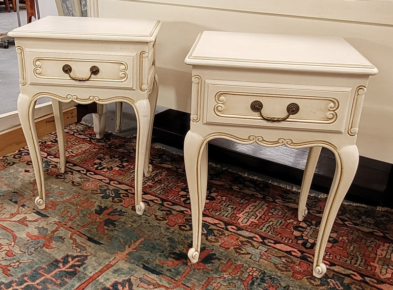Pair French Vintage Louis XV style soft Ivory single drawer bedside tables. They have been sourced from France and are in good original condition.