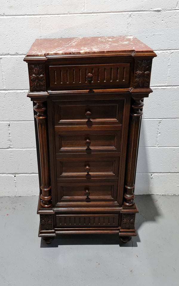 French Walnut Henry 2nd style three drawer one cupboard single side cabinet with rouge marble top. Circa: 1890. In Good original detailed condition.