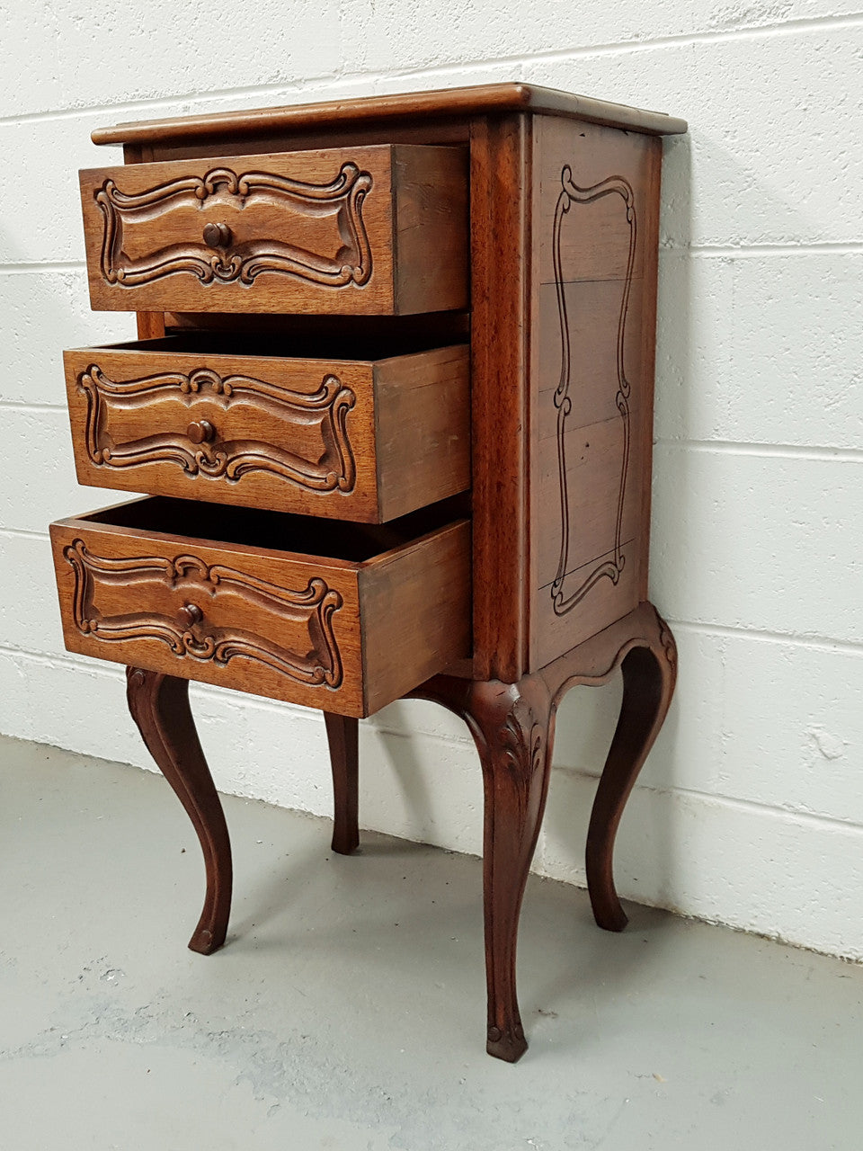 Antique French Oak Louis XV Style 3 Drawer Bedside Cupboard