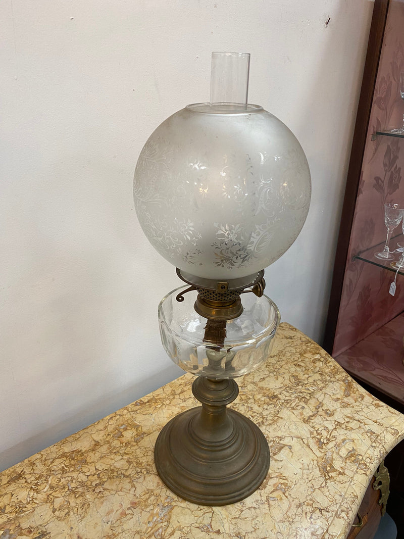 Victorian brass & clear cut glass kero lamp with frosted shade. Circa 1880's.