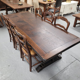Stunning French dark Oak refectory style dining table. It has been sourced from France and is in good original detailed condition.