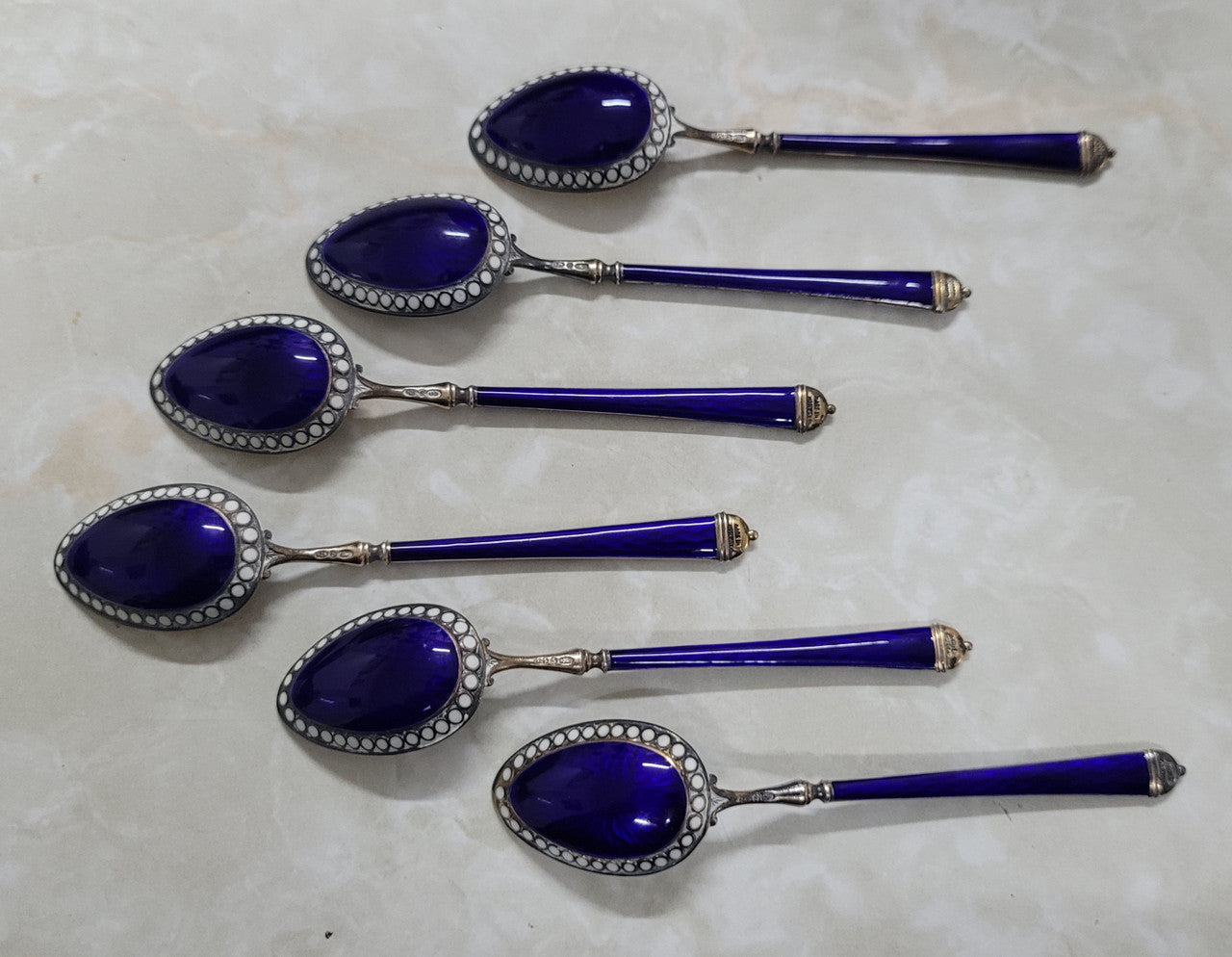 Stunning set of six 925 sterling silver and enamel spoons . In good original condition, please view photos as they help form part of the description.