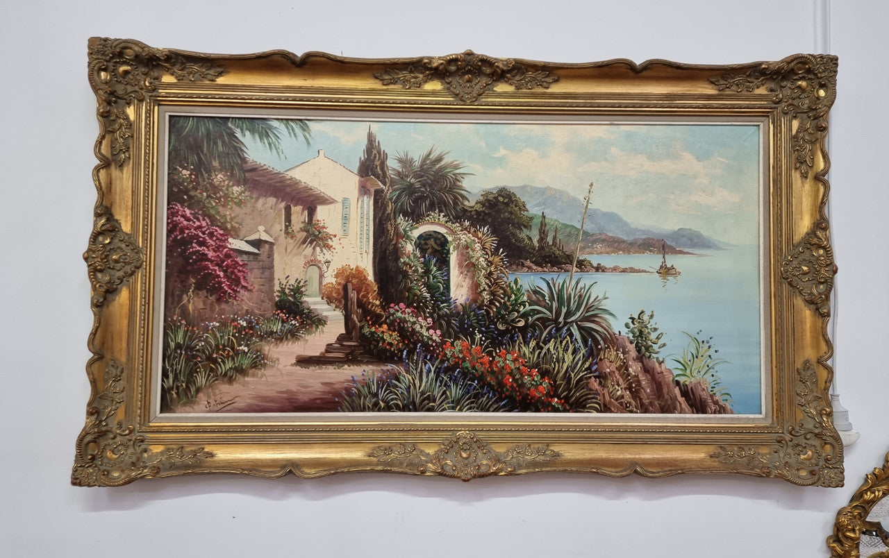 Large Signed Oil On Canvas " Mediterranean Coastal Scene" In Gilt Frame Sourced From France | Antique & Vintage | Moonee Ponds Antiques | Australia Wide Delivery