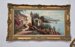 Large Signed Oil On Canvas " Mediterranean Coastal Scene" In Gilt Frame Sourced From France | Antique & Vintage | Moonee Ponds Antiques | Australia Wide Delivery