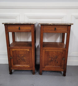 Pair of French Oak Arts & Crafts Style Marble Top Bedside Cabinets | Antique & Vintage | Moonee Ponds Antiques | Australia Wide Delivery