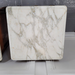 Pair of French Antique Louis XV style Oak marble top night stands. They have beautiful carved cabriole legs and beautiful white marble along with a drawer and cupboard for storage space. They have been sourced from France and are in good original detailed condition.
