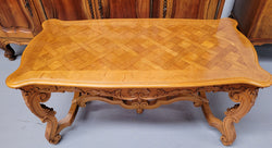 French Oak Parquetry Top Coffee Table With Decorative Carved Base | Antique & Vintage | Moonee Ponds Antiques | Australia Wide Delivery