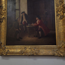 An engaging gilt framed signed oil on canvas of a "French Interior Scene". It has been sourced from France and is in good original detailed condition.