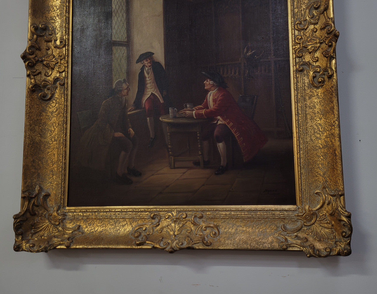 An engaging gilt framed signed oil on canvas of a "French Interior Scene". It has been sourced from France and is in good original detailed condition.