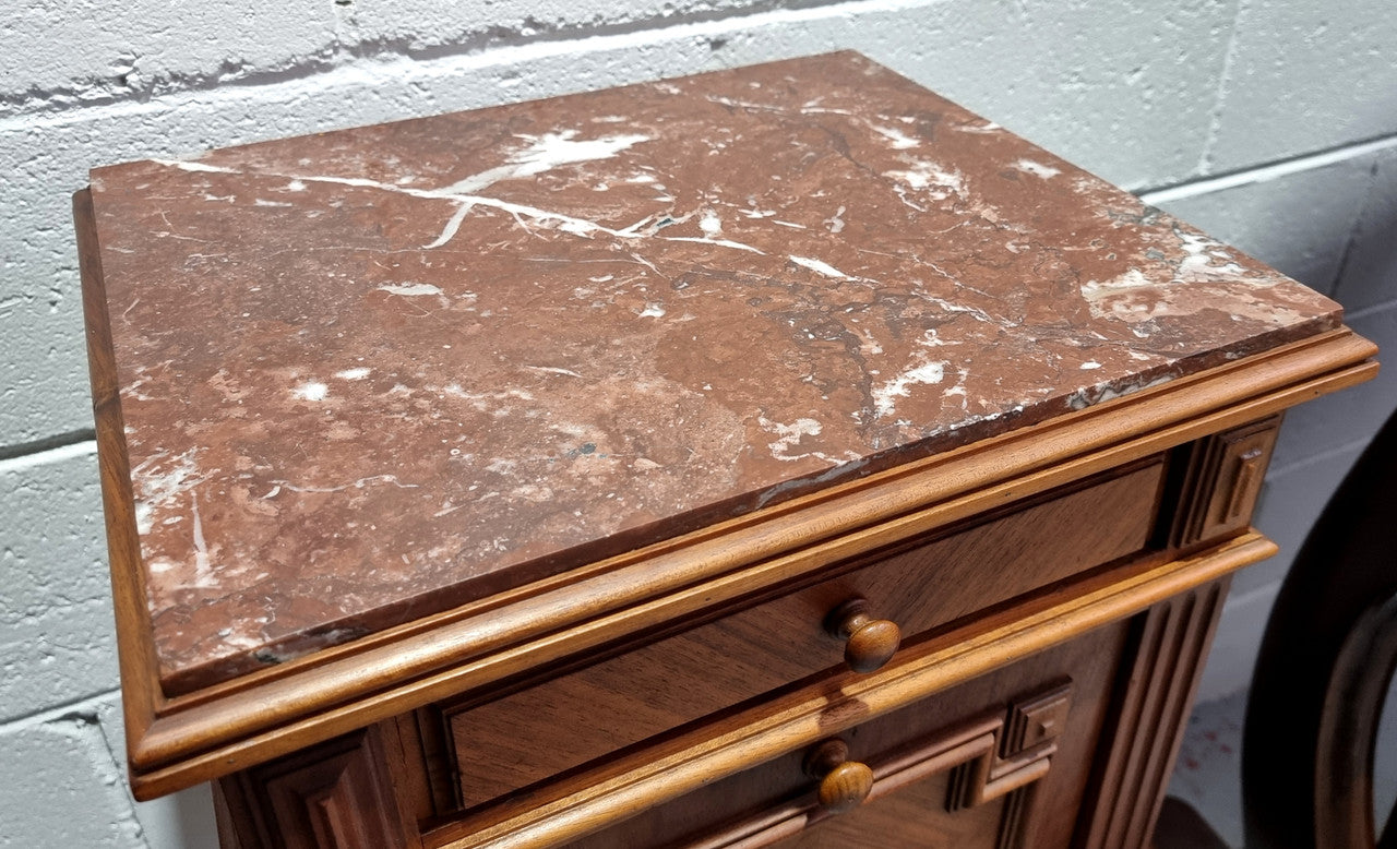 French Walnut Louis XVI Style Single Bedside Cabinet Rouge Marble Top | Antique & Vintage | Moonee Ponds Antiques | Australia Wide Delivery