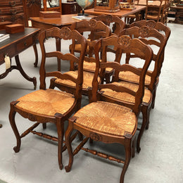Set of six French rush seat dining chairs and in good sturdy condition.