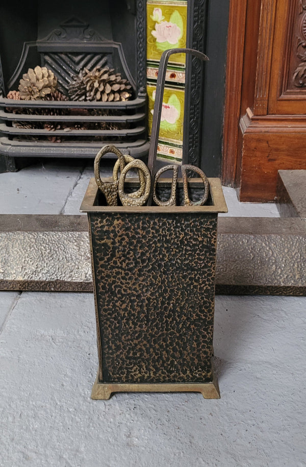 Art Nouveau five piece fire tool set in decorative box. All tools are in original good used condition, please view photos as they help form part of the description.
