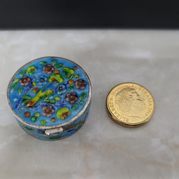 Antique Chinese silver and enamel pill box . In good original condition, please view photos as they help form part of the description.