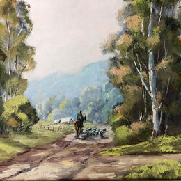 Lorraine Davies framed oil on board Australian farmhouse landscape. Written on the back is Don Valley Road, Launching Place Vic. In very good original condition.