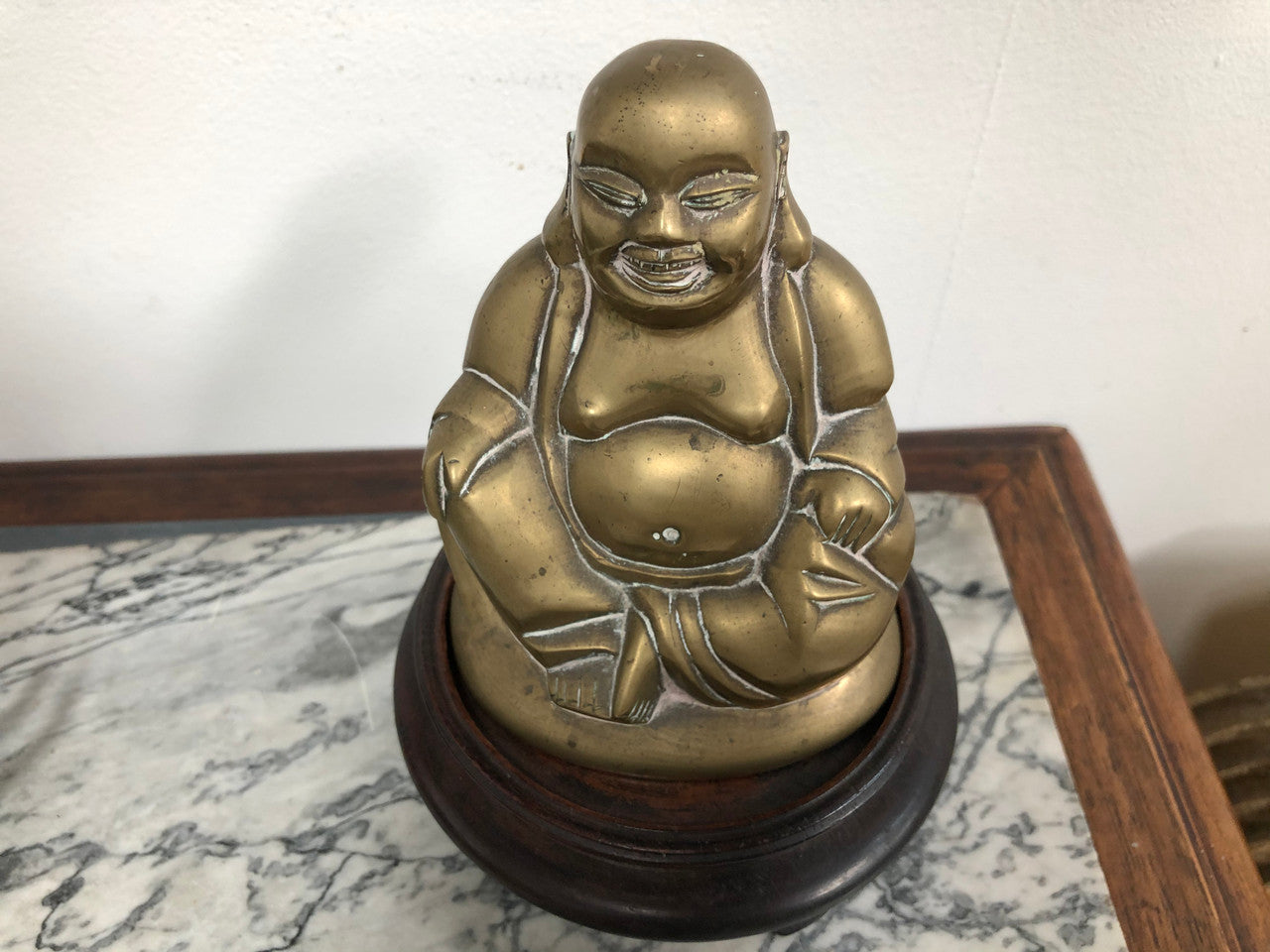 Antique Brass Chinese Buddha On Wooden Stand | Antique & Vintage | Moonee Ponds Antiques | Australia Wide Delivery