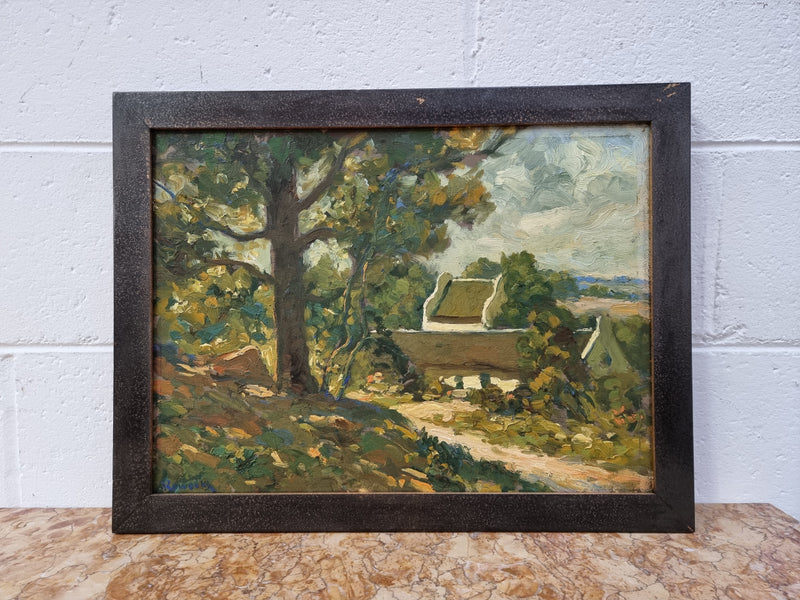 Lovely oil on board by South African artist (Edward Roworth) titled "The Homestead", and signed. In good original condition.