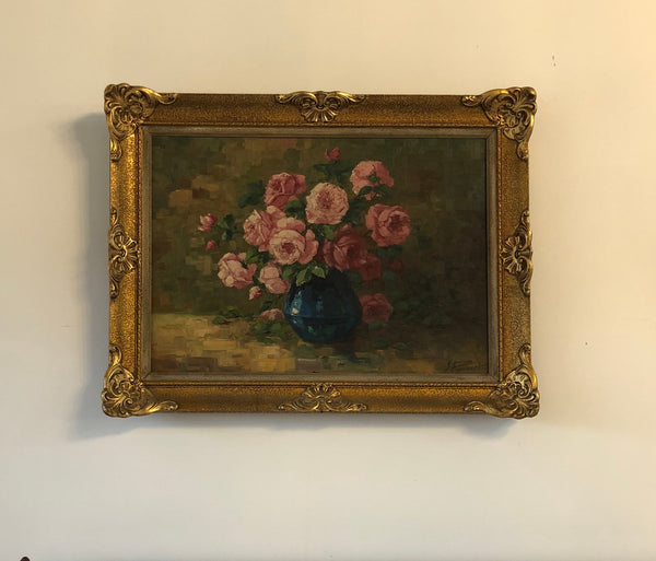 Beautifully framed signed, French oil on canvas of a vase of Pink roses and in good condition.