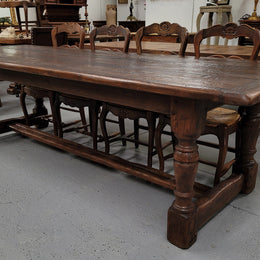 Amazing 2.65 meter French Elm Refectory dining table with loads of rustic charm. This table has been sourced from France and can comfortably seat ten people. It is in good original detailed condition.
