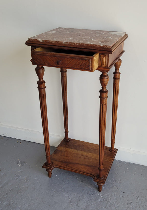 Louis XVI style Walnut lamp/side table with drawer and marble top. In good original detailed condition.