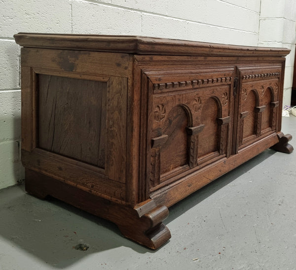Fabulous carved French oak Antique Coffer / Chest with a lift up lid and loads of beautiful character in good original detailed condition.