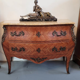 French Louis XV style marquetry inlaid two drawer marble top commode with deorative ormolu trim. In good original detailed condition with working double lock and key.
