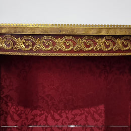 Louis XV style Walnut vitrine display cabinet with attractive ormolu mounts. Beautiful Maroon floral fabric backing with two glass shelves and cabriole legs with decorative ormolu mounts. In good original detailed condition.