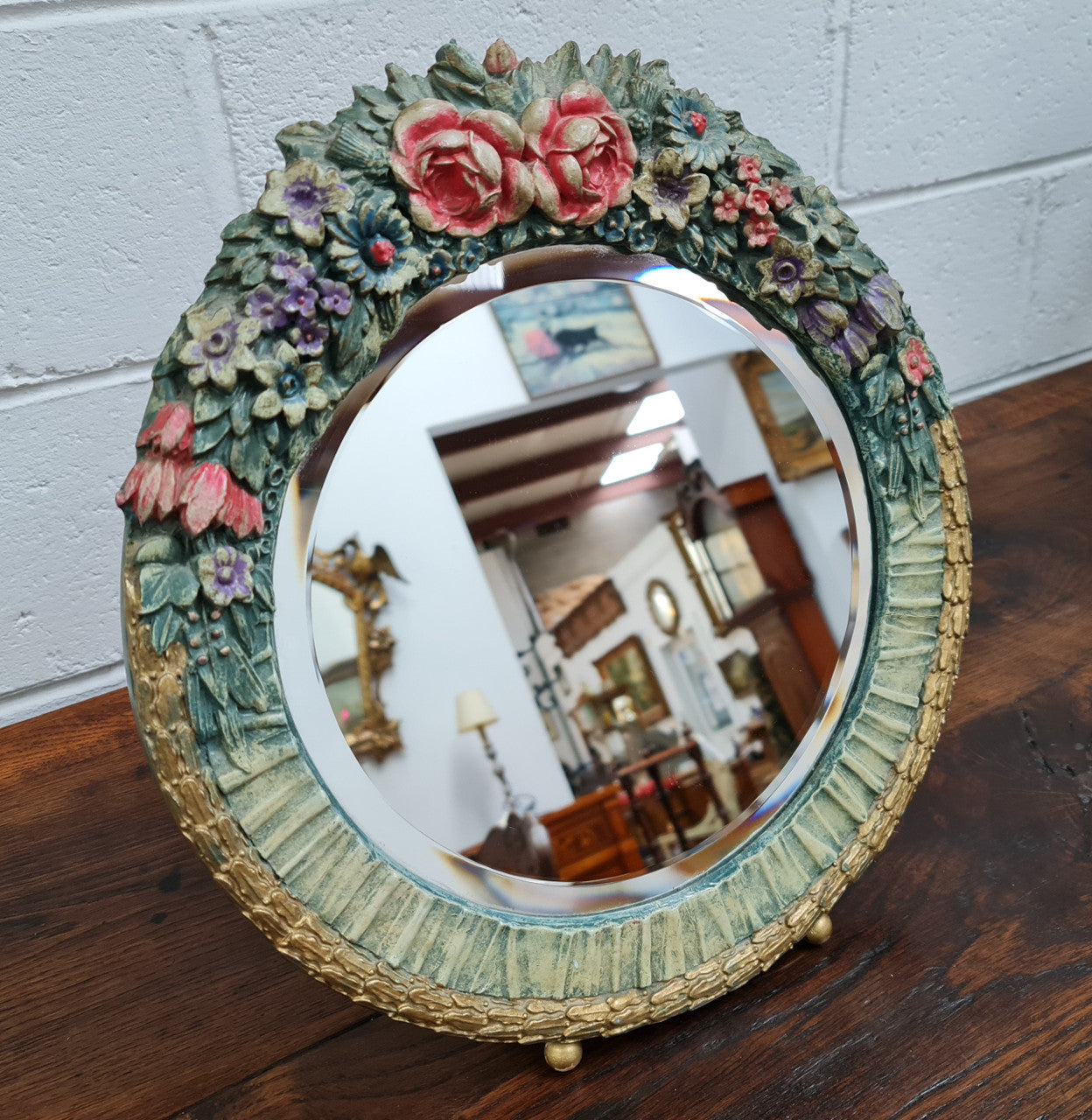 Beautifully decorated Barbola round bevelled edge mirror. In good original condition.